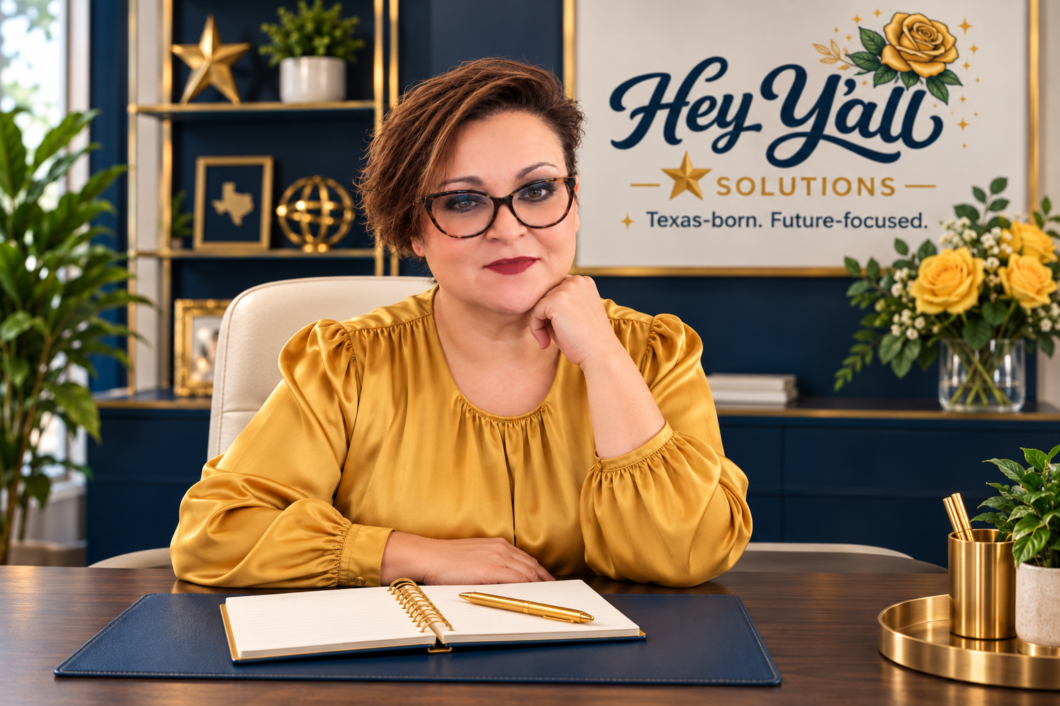 Julie Bollich, Ed.D., founder of Hey Y'all Solutions, seated at her desk in a navy office with a notebook and gold pen