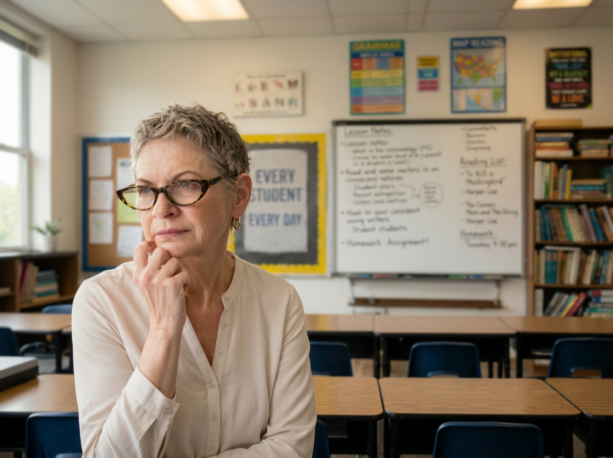 Education leader in a quiet moment of reflection in a school administrator's office